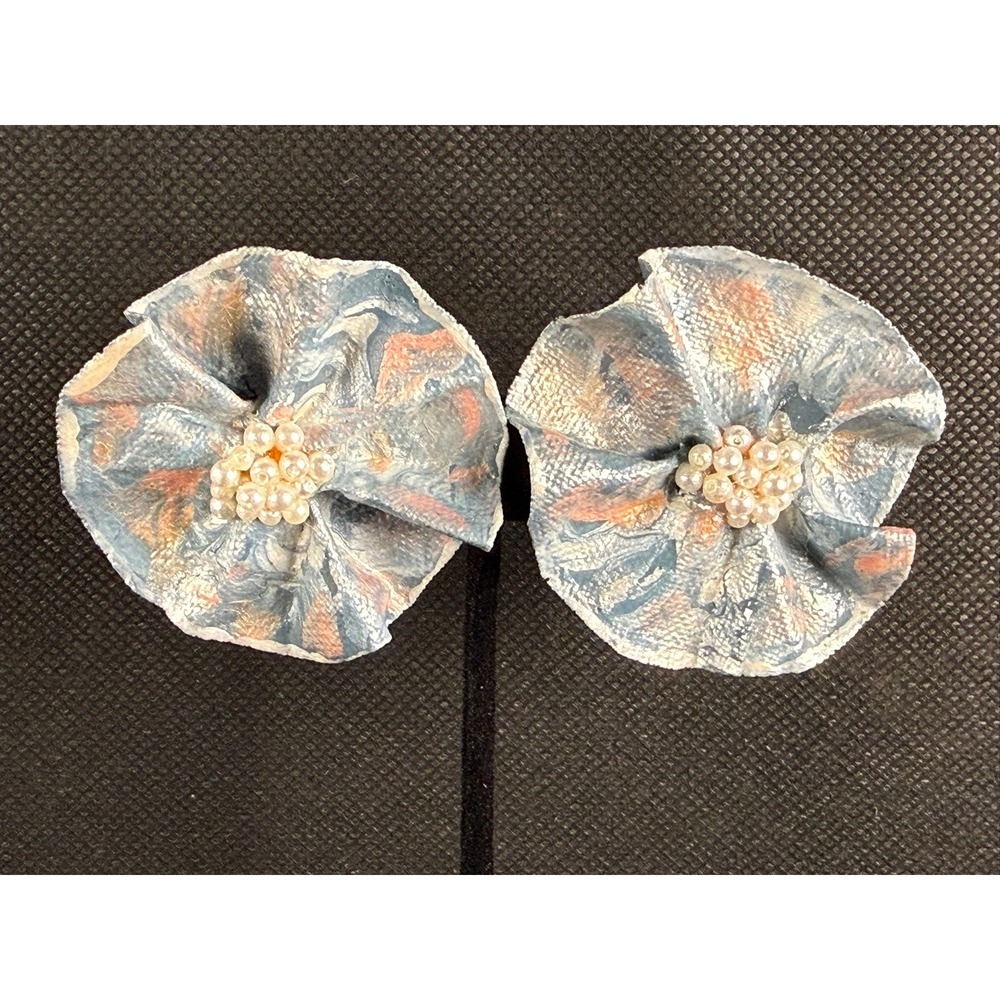 Handmade Paper Maché Clip‑On Earrings – Fabric Floral & Pearl Center